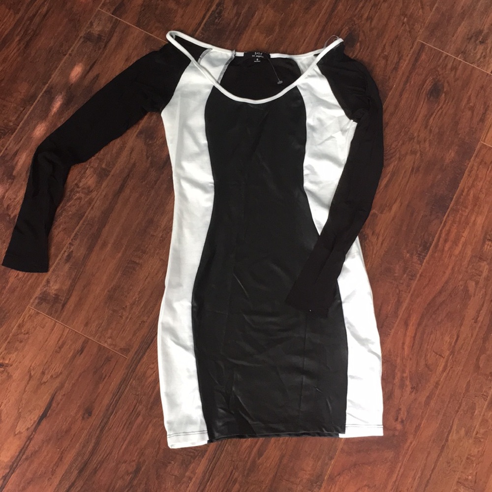 Iris black leather and white dress
